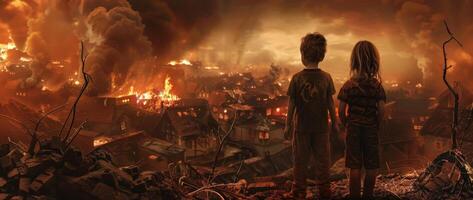 children against the backdrop of a destroyed city photo