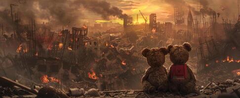 teddy bear against of a destroyed city photo