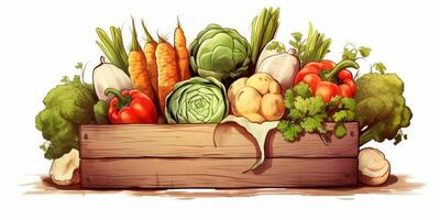 wooden box basket with vegetables photo