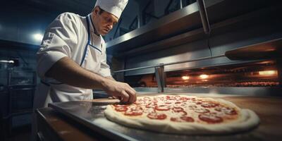 chef makes pizza photo