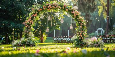 Floral wedding arch in nature photo