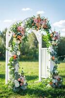 Floral wedding arch in nature photo