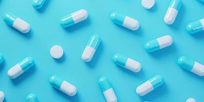 antibiotic capsule pills on white background. Pile of antibiotic drug photo