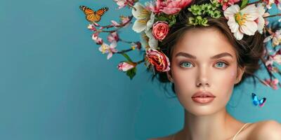 young woman with a wreath of flowers on her head photo