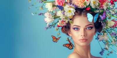 young woman with a wreath of flowers on her head photo