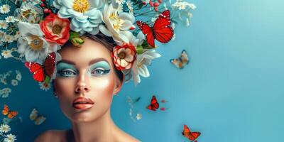 young woman with a wreath of flowers on her head photo