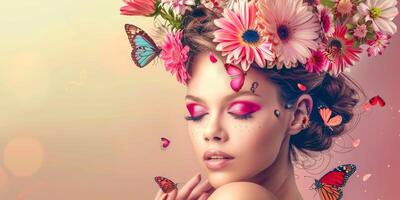 young woman with a wreath of flowers on her head photo