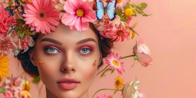 young woman with a wreath of flowers on her head photo