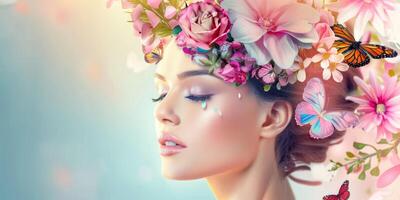 young woman with a wreath of flowers on her head photo