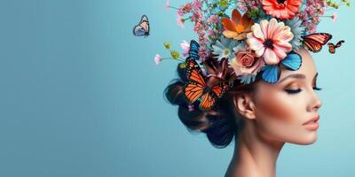 young woman with a wreath of flowers on her head photo