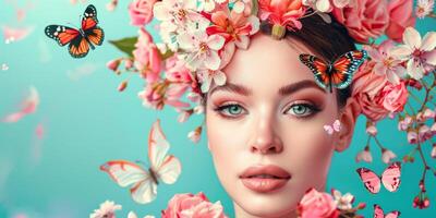 young woman with a wreath of flowers on her head photo