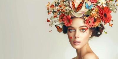 young woman with a wreath of flowers on her head photo