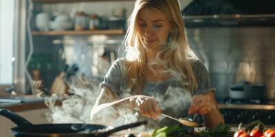 mujer cocinando en la cocina foto