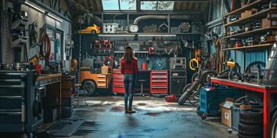 Female auto mechanic in workshop, portrait photo