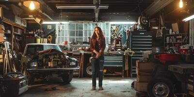 Female auto mechanic in workshop, portrait photo