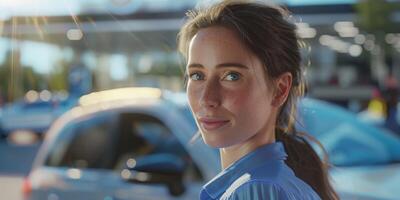 Female auto mechanic in workshop, portrait photo