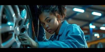 Female auto mechanic in workshop, portrait photo