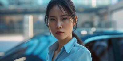 Female auto mechanic in workshop, portrait photo