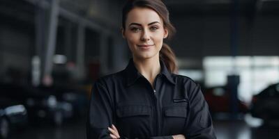 Female auto mechanic in workshop, portrait photo