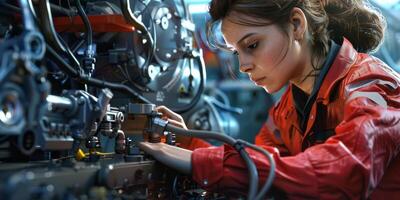 Female auto mechanic in workshop, portrait photo