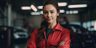 Female auto mechanic in workshop, portrait photo