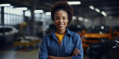 Female auto mechanic in workshop, portrait photo