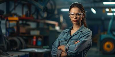 Female auto mechanic in workshop, portrait photo