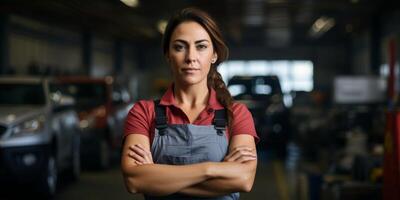 Female auto mechanic in workshop, portrait photo