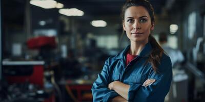 Female auto mechanic in workshop, portrait photo