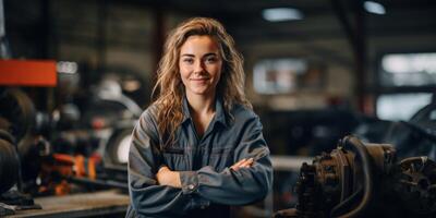 Female auto mechanic in workshop, portrait photo