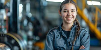 Female auto mechanic in workshop, portrait photo