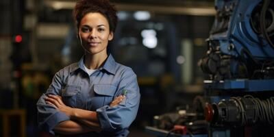 Female auto mechanic in workshop, portrait photo