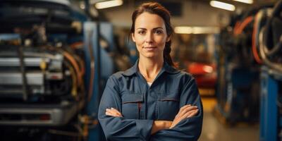 Female auto mechanic in workshop, portrait photo