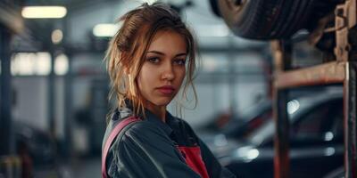 Female auto mechanic in workshop, portrait photo