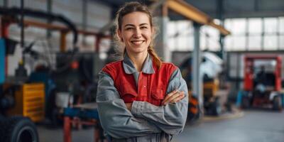 Female auto mechanic in workshop, portrait photo