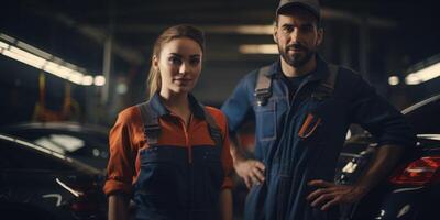 Female auto mechanic in workshop, portrait photo