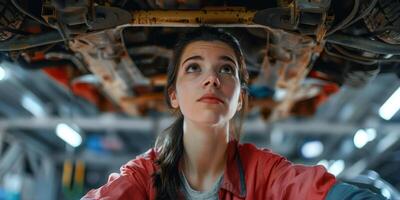 Female auto mechanic in workshop, portrait photo