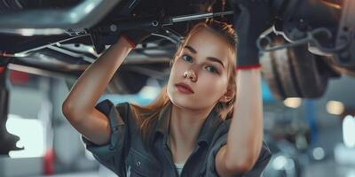 Female auto mechanic in workshop, portrait photo