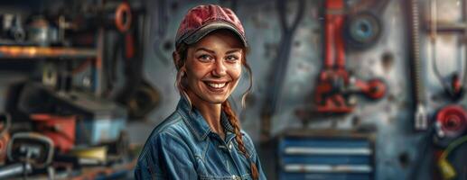 Female auto mechanic in workshop, portrait photo