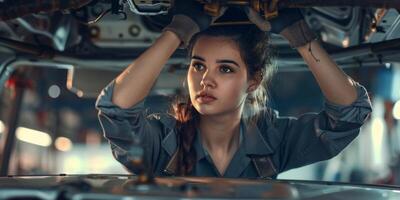 Female auto mechanic in workshop, portrait photo