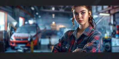 Female auto mechanic in workshop, portrait photo