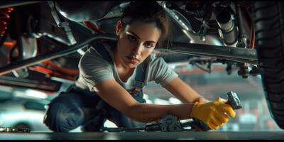 Female auto mechanic in workshop, portrait photo