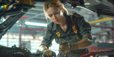 Female auto mechanic in workshop, portrait photo