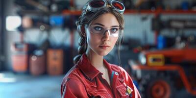 Female auto mechanic in workshop, portrait photo