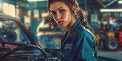 Female auto mechanic in workshop, portrait photo