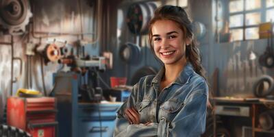 Female auto mechanic in workshop, portrait photo