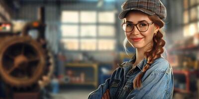 Female auto mechanic in workshop, portrait photo