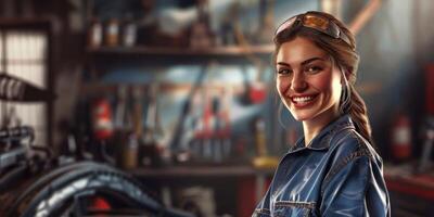 Female auto mechanic in workshop, portrait photo