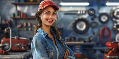 Female auto mechanic in workshop, portrait photo