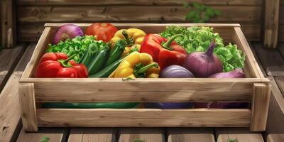 wooden box basket with vegetables photo